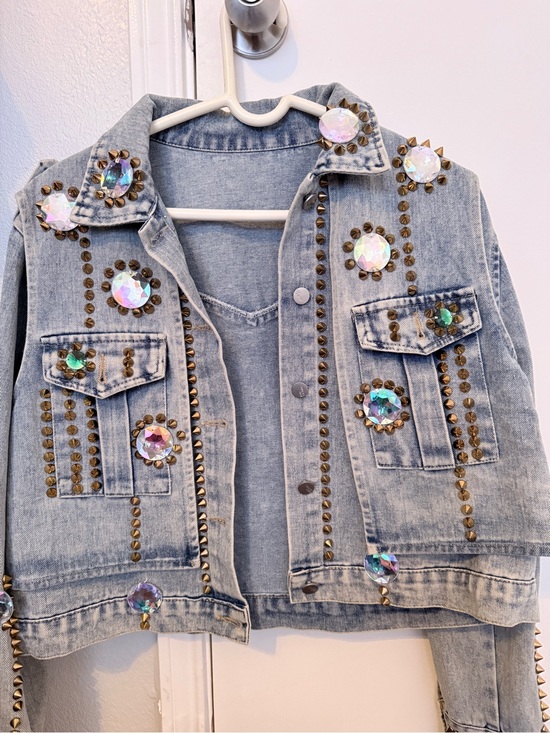 Jackets & Blazers - Embellished Light Wash Denim Jacket with Iridescent Gems